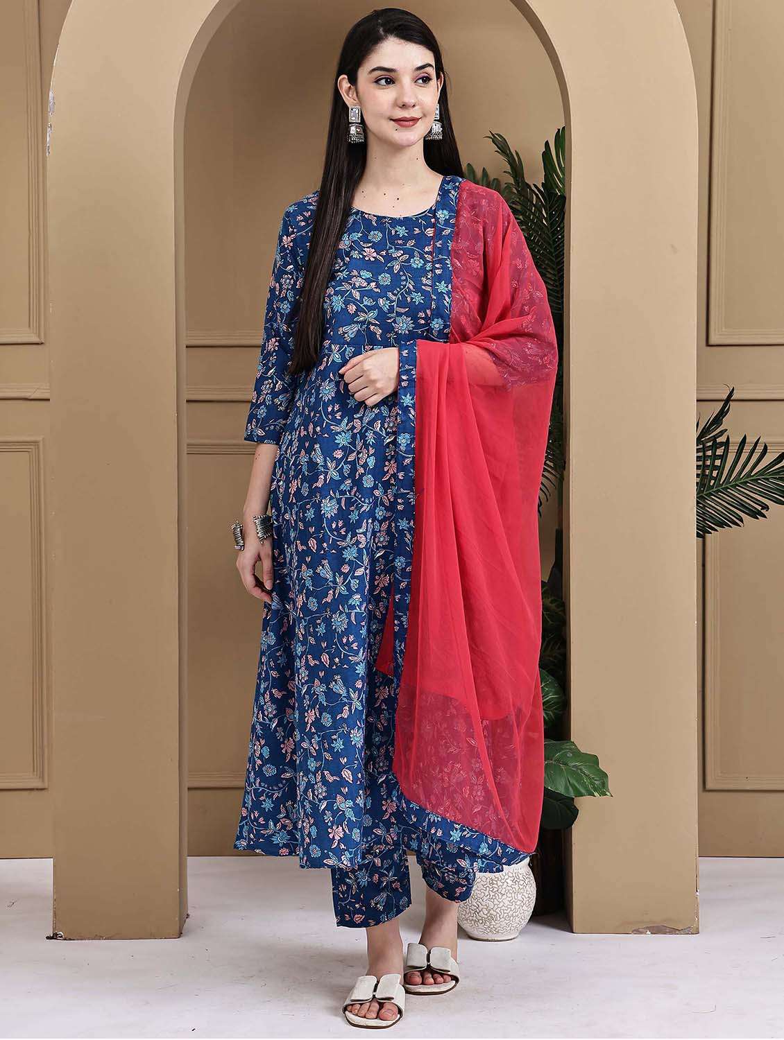 women printed three quarter sleeve kurta pant with dupatta set - 22105874 -  Standard Image - 3