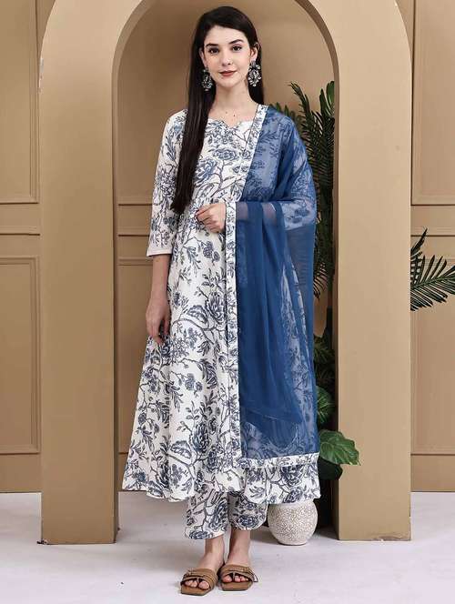 women printed three quarter sleeve kurta pant with dupatta set - 22105877 -  Standard Image - 0