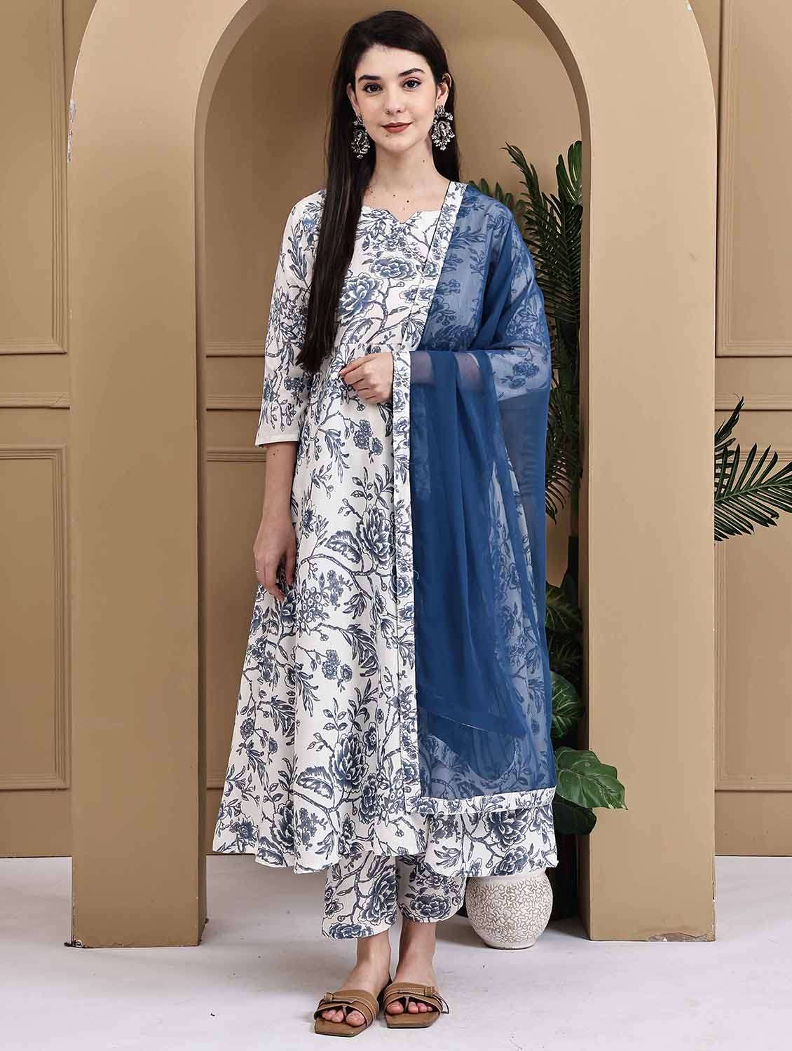 women printed three quarter sleeve kurta pant with dupatta set
