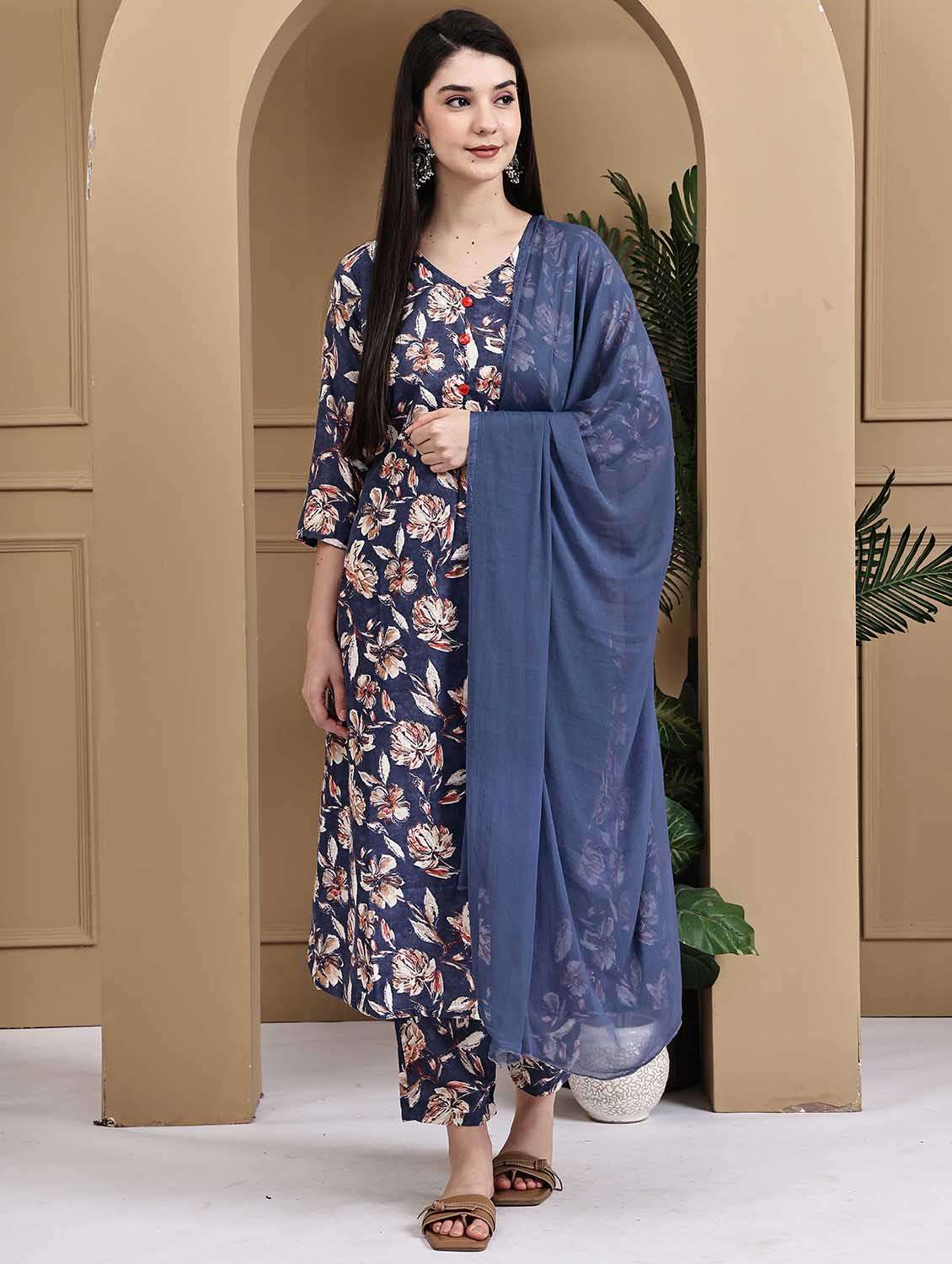 women printed three quarter sleeve kurta pant with dupatta set