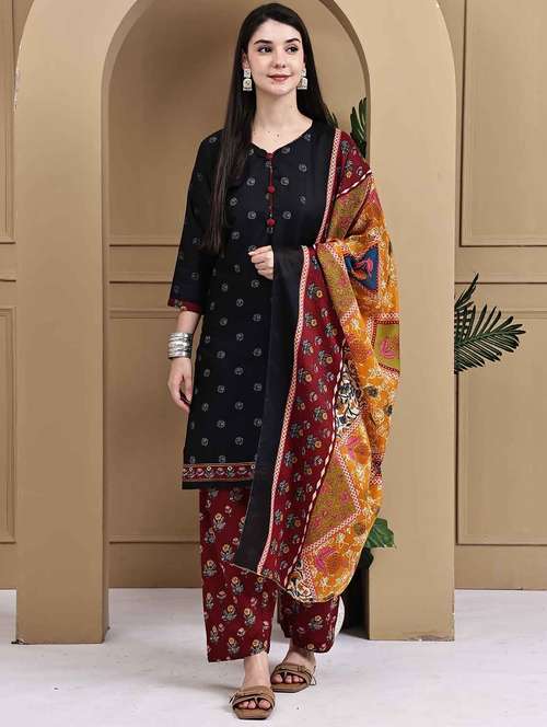 women printed three quarter sleeve kurta salwar with dupatta set - 22105884 -  Standard Image - 0
