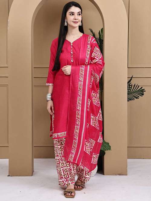 women printed three quarter sleeve kurta salwar with dupatta set - 22105890 -  Standard Image - 0