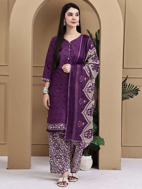 women printed three quarter sleeve kurta salwar with dupatta set - 22105897 -  Standard Image - 0