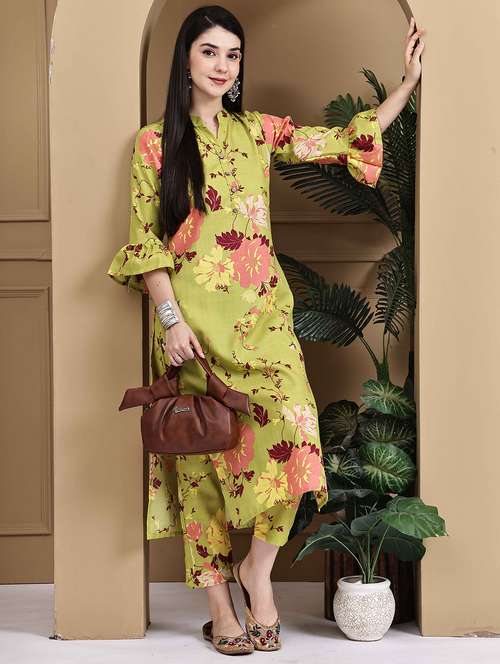 women floral three quarter sleeve kurta pant set - 22105923 -  Standard Image - 0