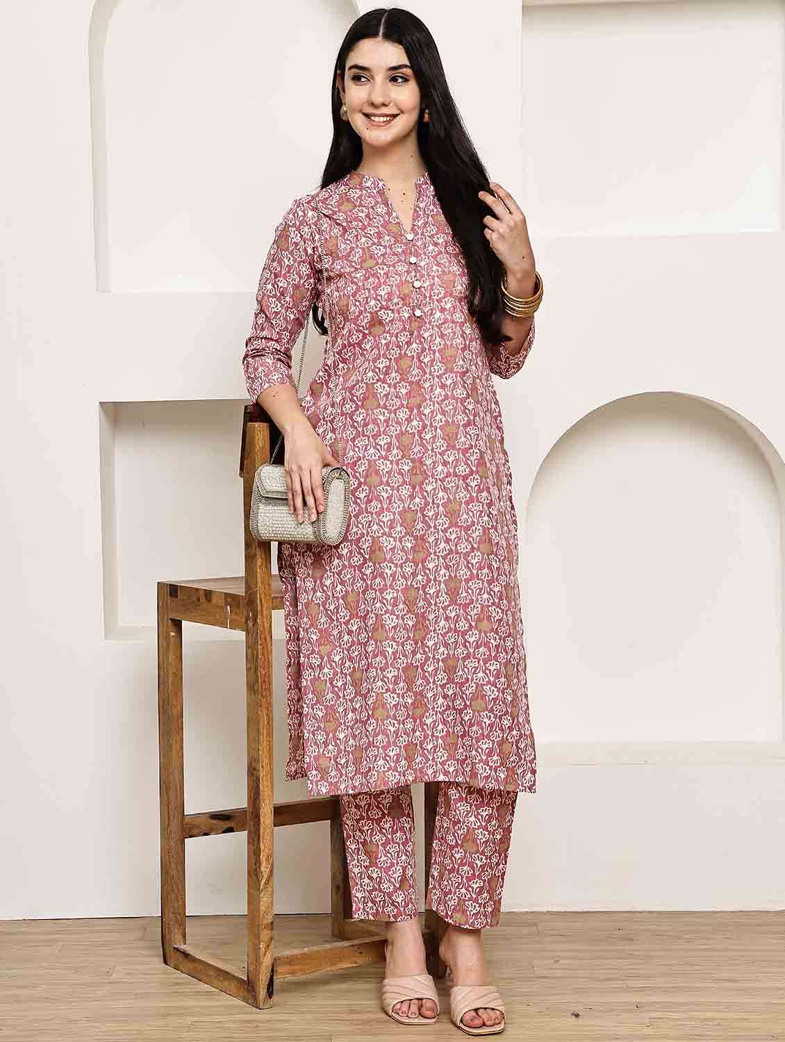 women printed three quarter sleeve kurta pant set - 22105924 - Zoom Image - 0