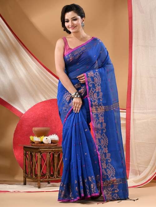 Blue Cotton Handloom Saree With Blouse
