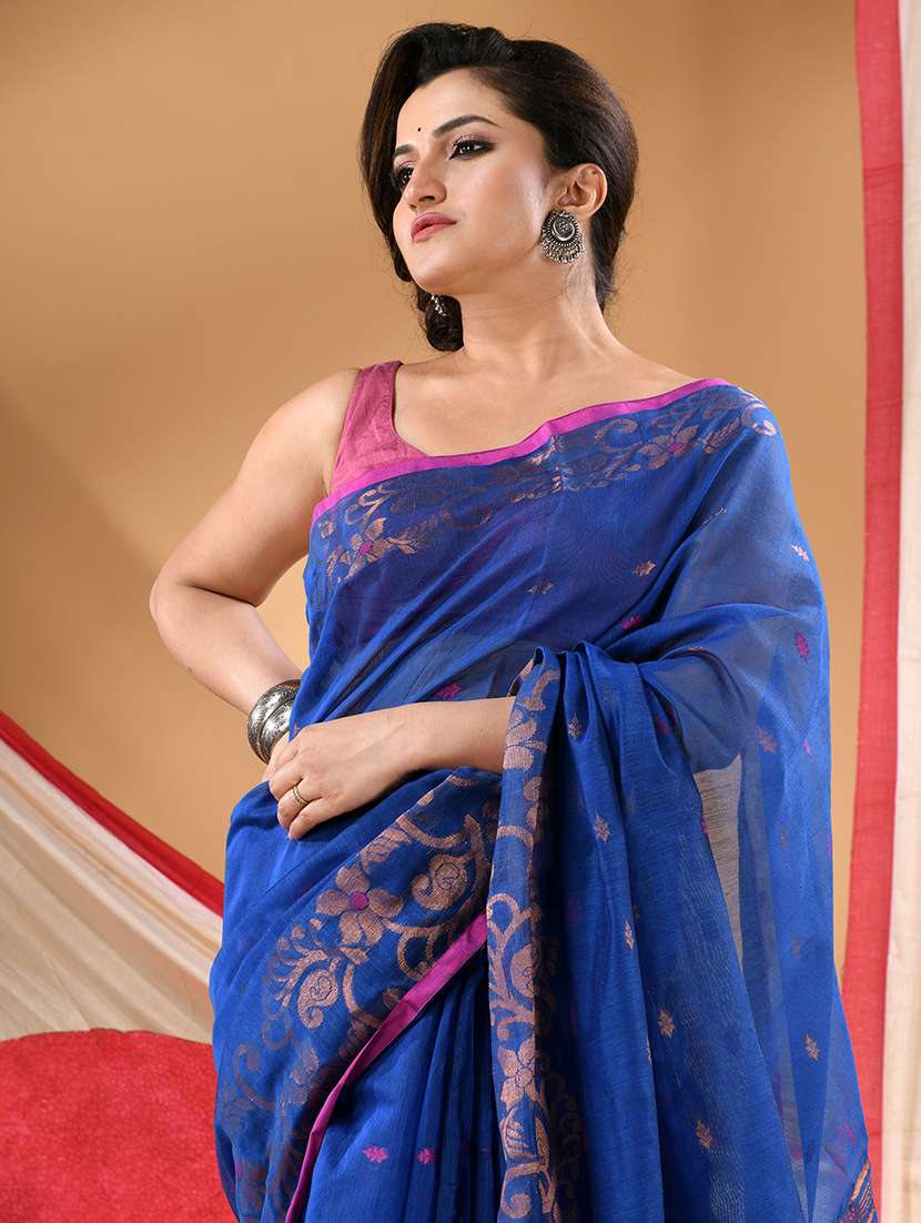 blue cotton handloom saree with blouse - 22105988 -  Standard Image - 3