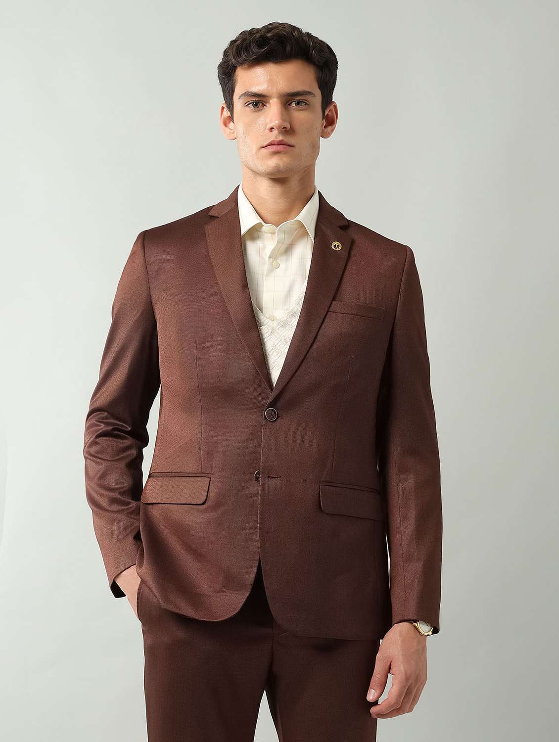 men solid lapel collar 2 piece suit set