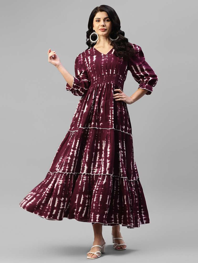 women tie & dye printed puff sleeve tiered dress