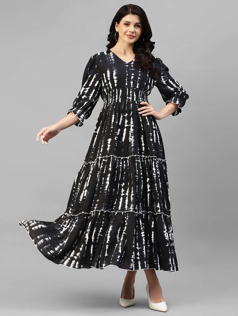 women tie & dye printed puff sleeve tiered dress - 22106074 -  Zoom Image - 0