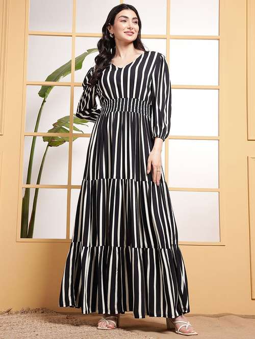 women striped puff sleeve tiered dress - 22106085 -  Standard Image - 0