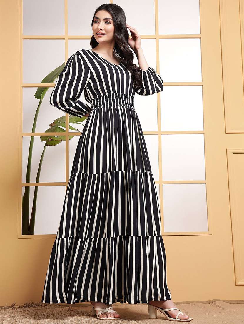 women striped puff sleeve tiered dress