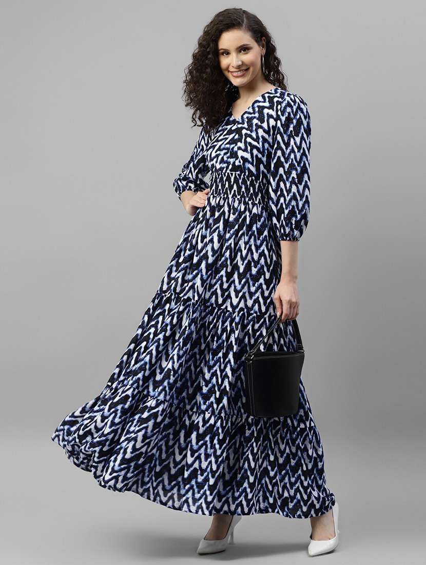 women printed puff sleeve tiered dress
