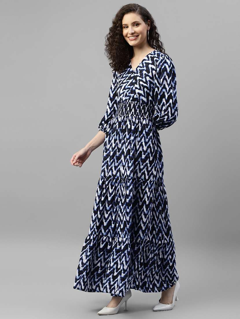 women printed puff sleeve tiered dress