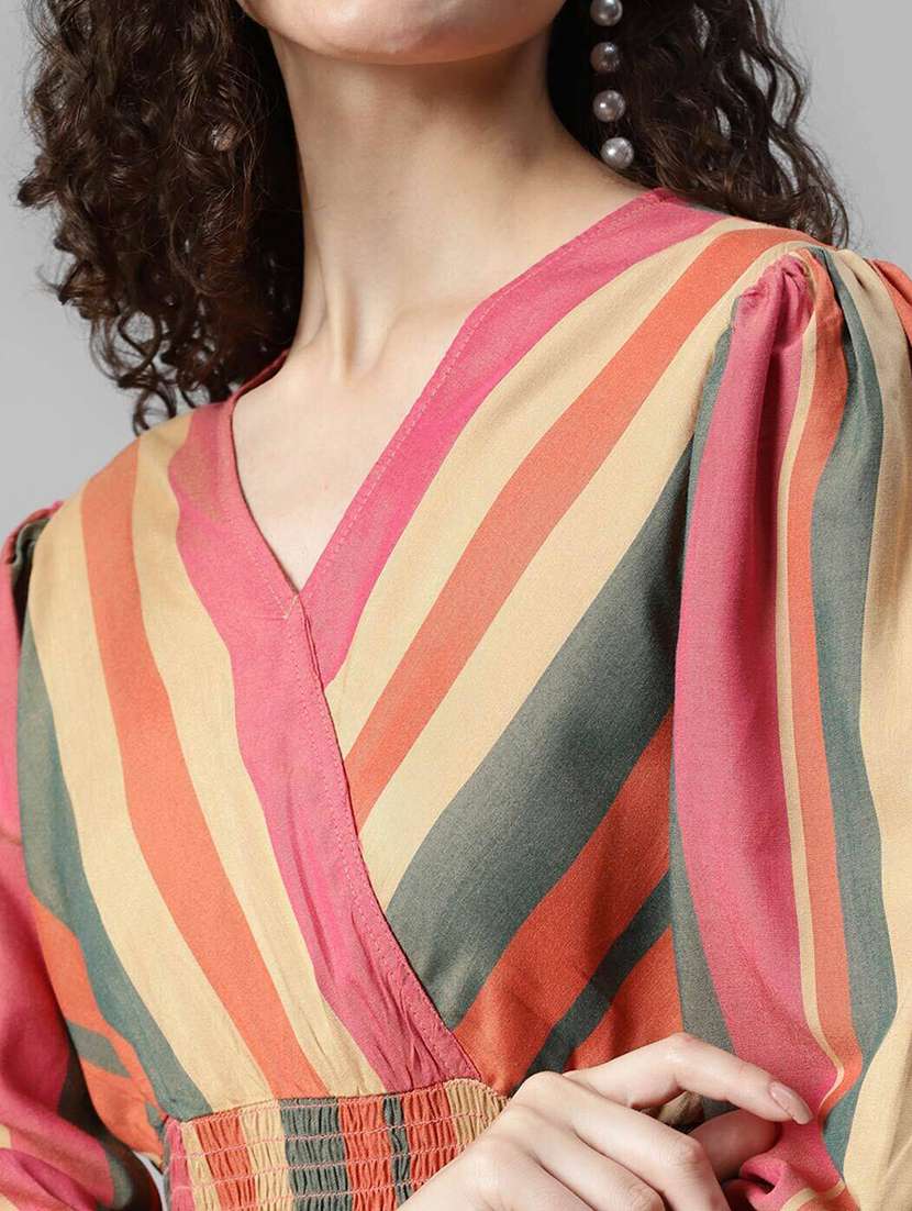 women striped puff sleeve tiered dress - 22106103 -  Standard Image - 3