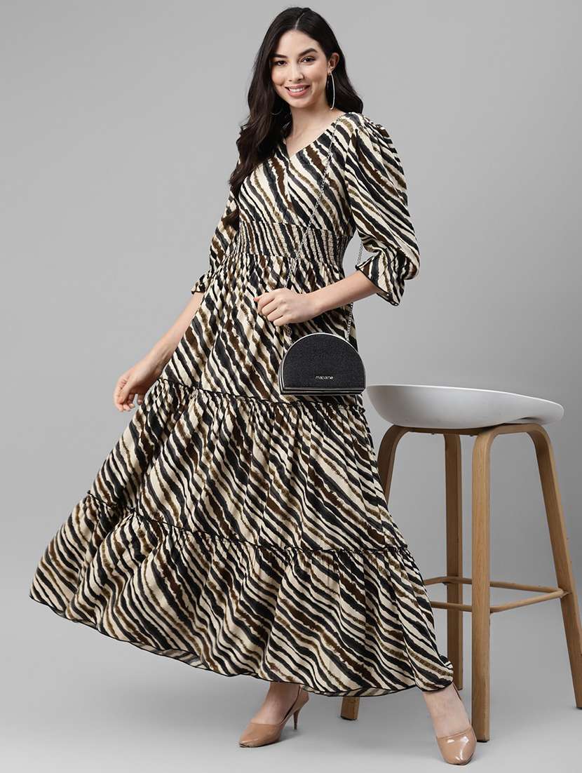 women printed puff sleeve tiered dress