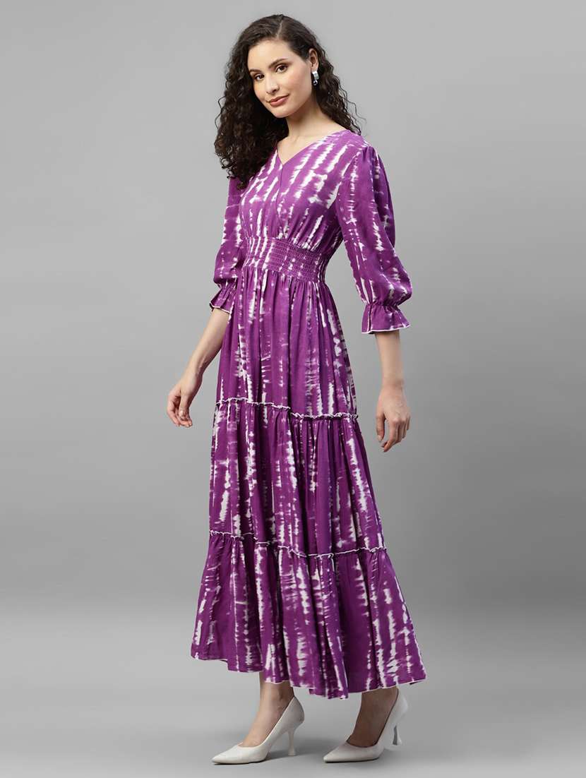 women printed puff sleeve tiered dress