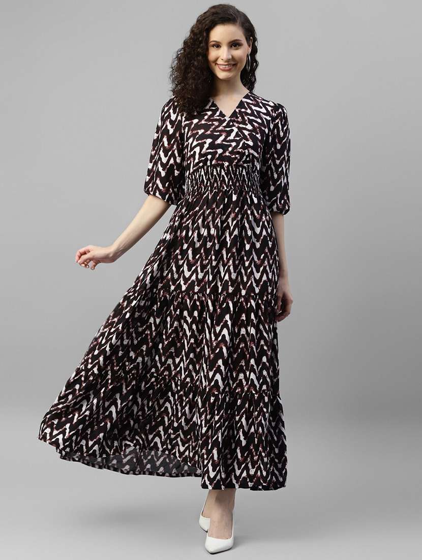 women printed puff sleeve tiered dress