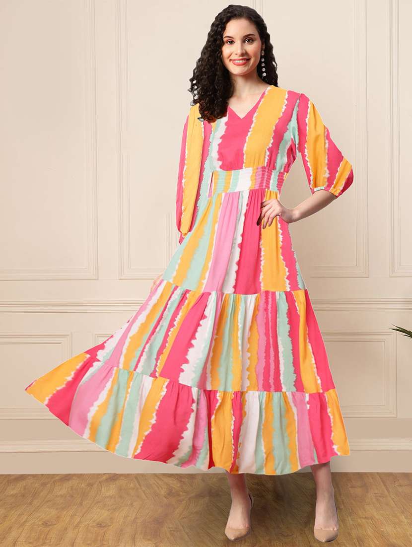 women printed puff sleeve tiered dress