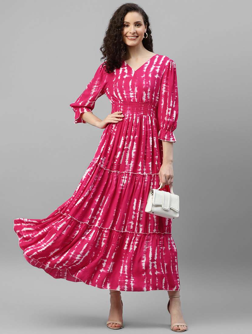 women printed puff sleeve tiered dress