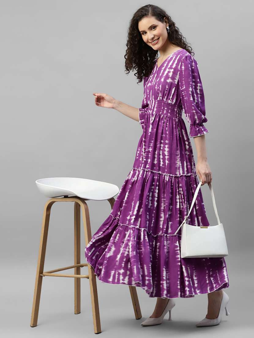 women printed puff sleeve tiered dress