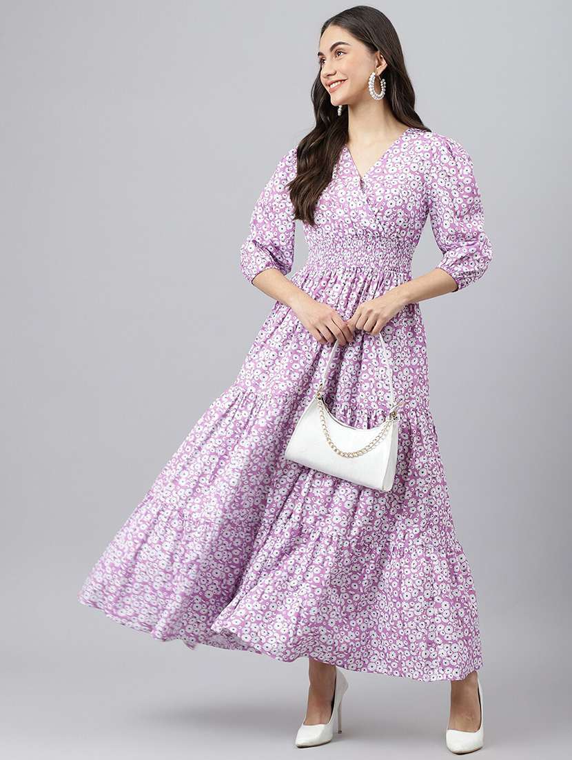 women printed puff sleeve tiered dress
