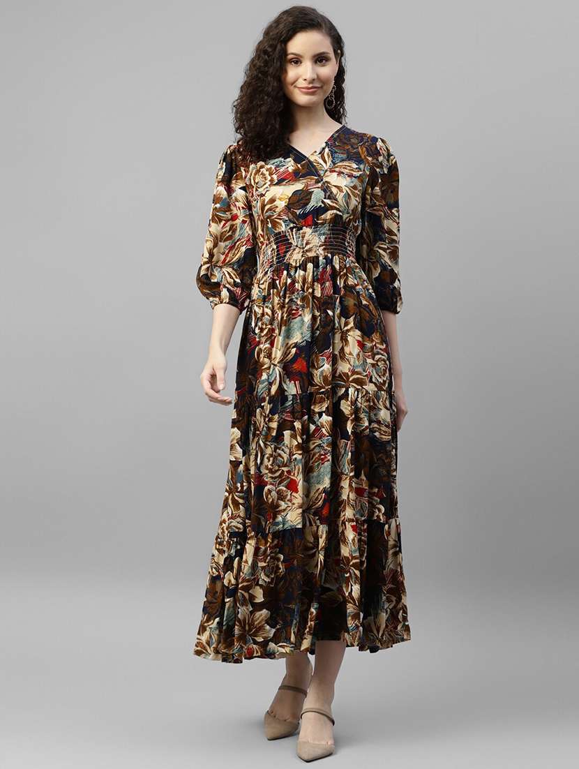 women printed puff sleeve tiered dress