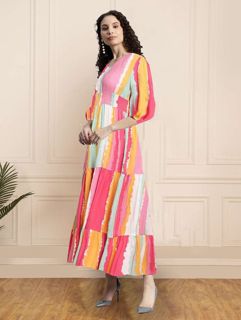 women printed puff sleeve tiered dress