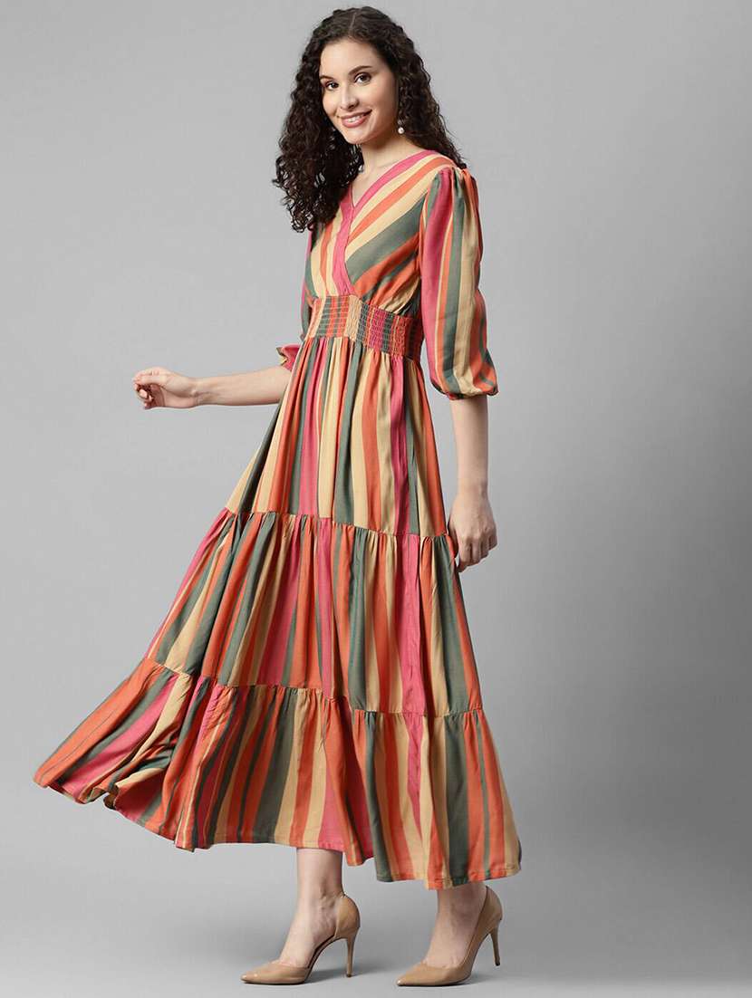 women printed puff sleeve tiered dress