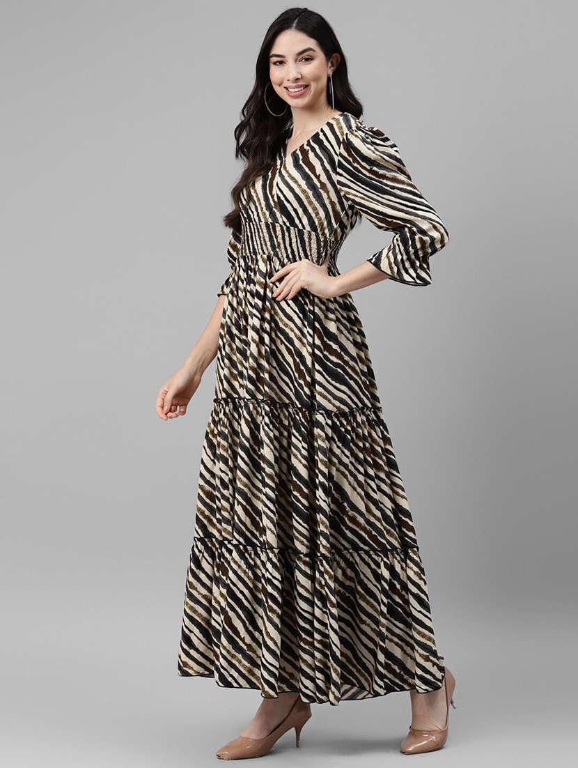 women printed puff sleeve tiered dress