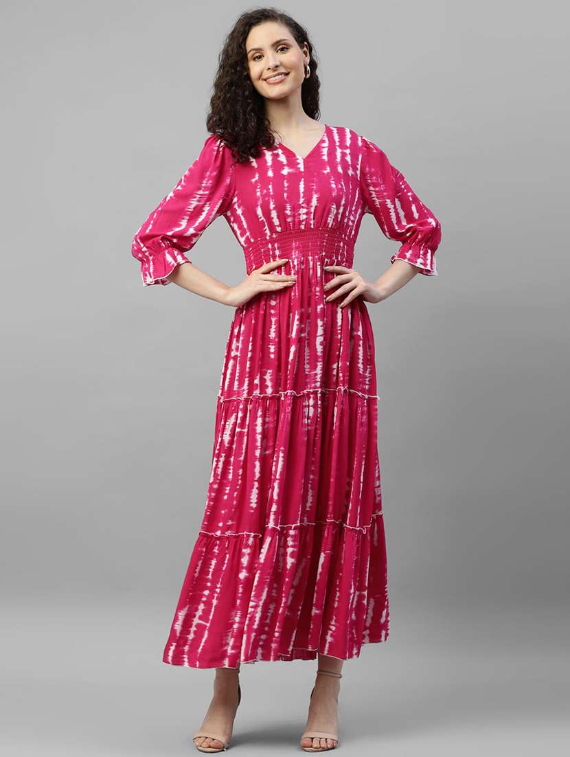 women printed puff sleeve tiered dress