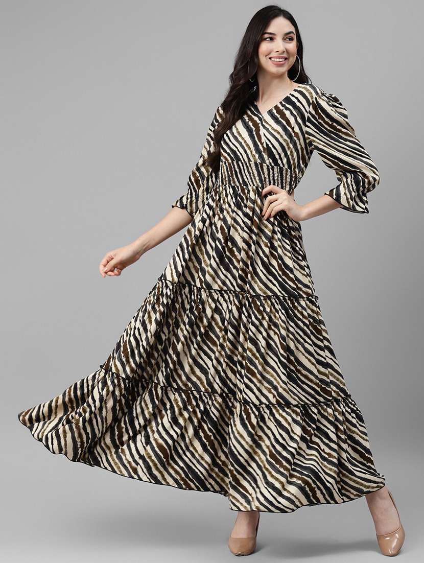 women printed puff sleeve tiered dress
