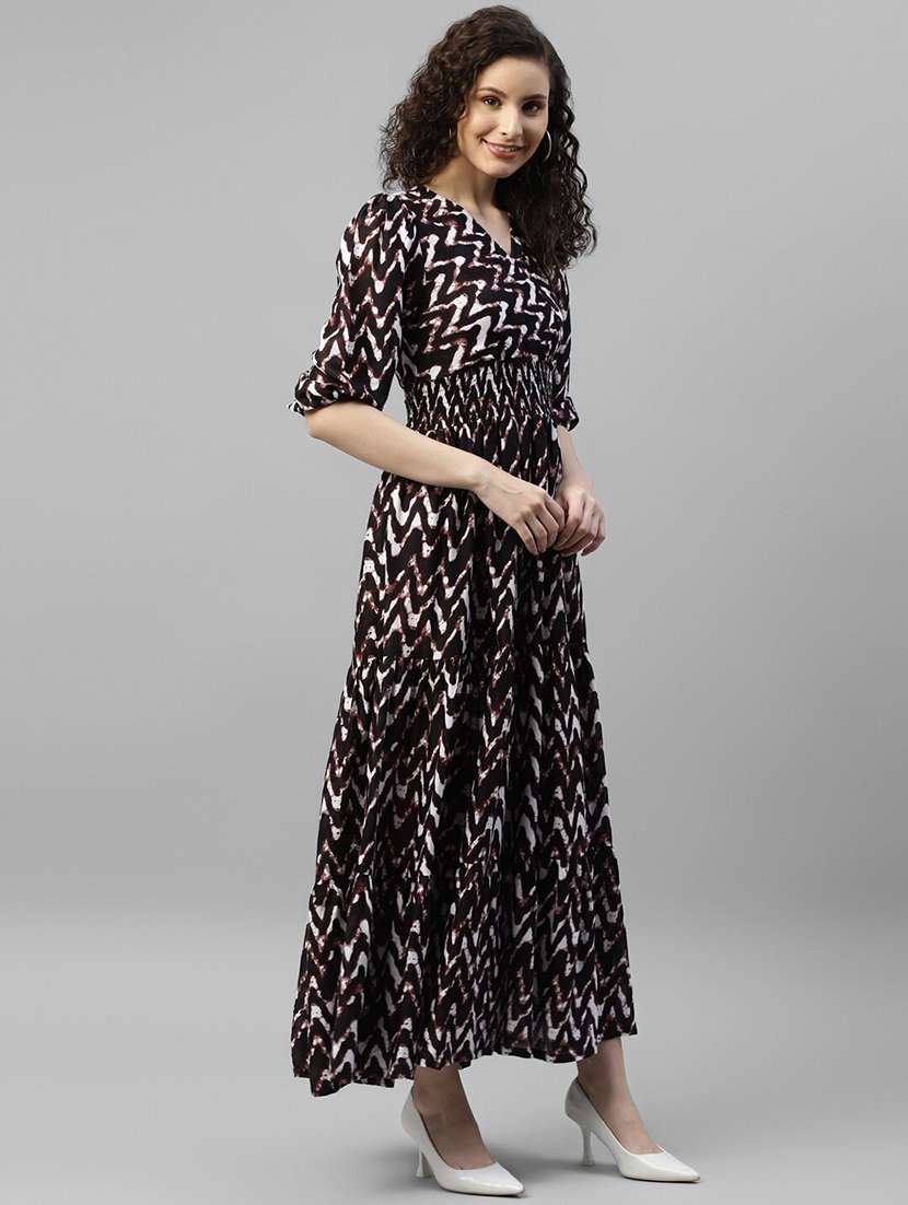women printed puff sleeve tiered dress
