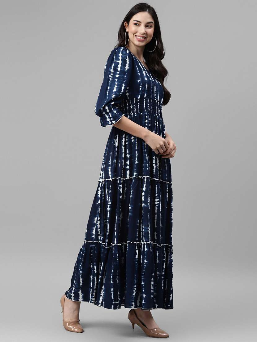 women printed puff sleeve tiered dress