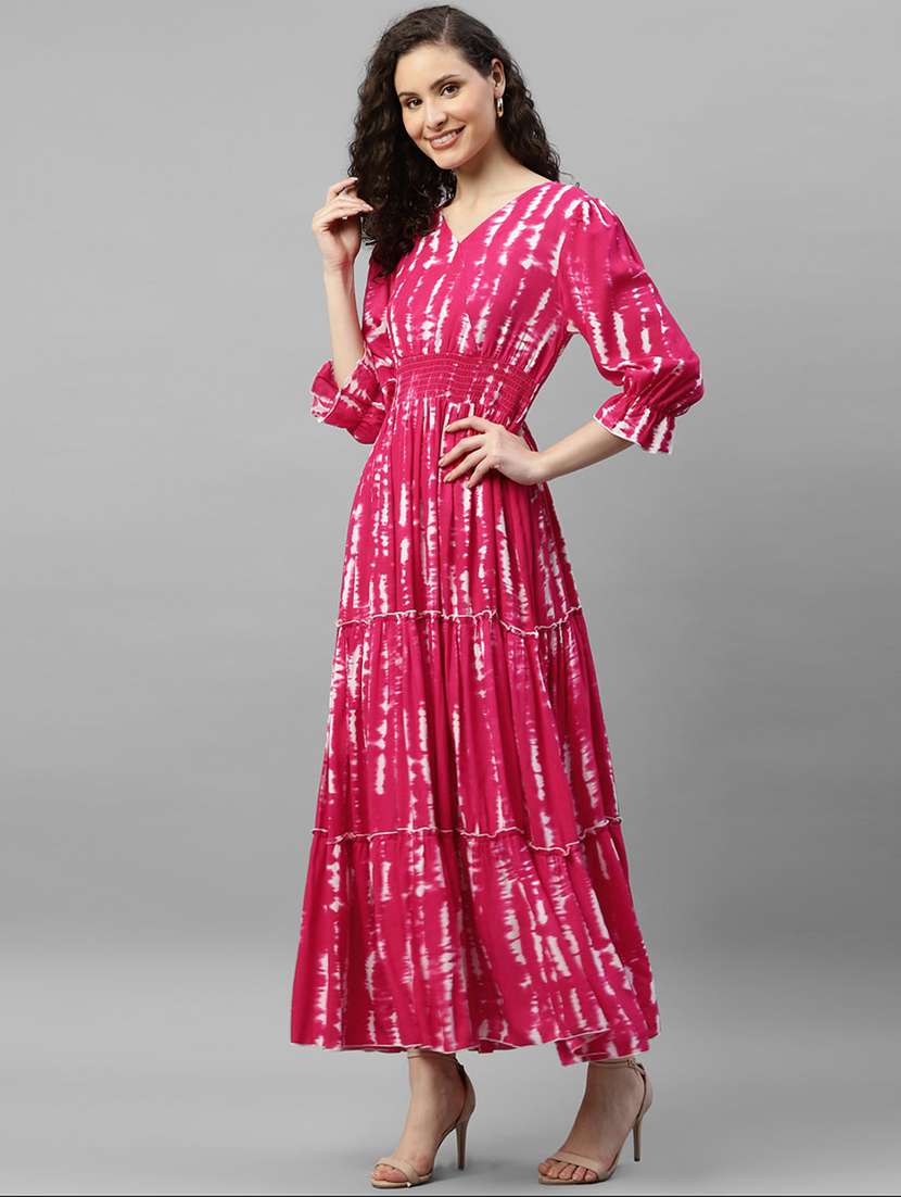 women printed puff sleeve tiered dress