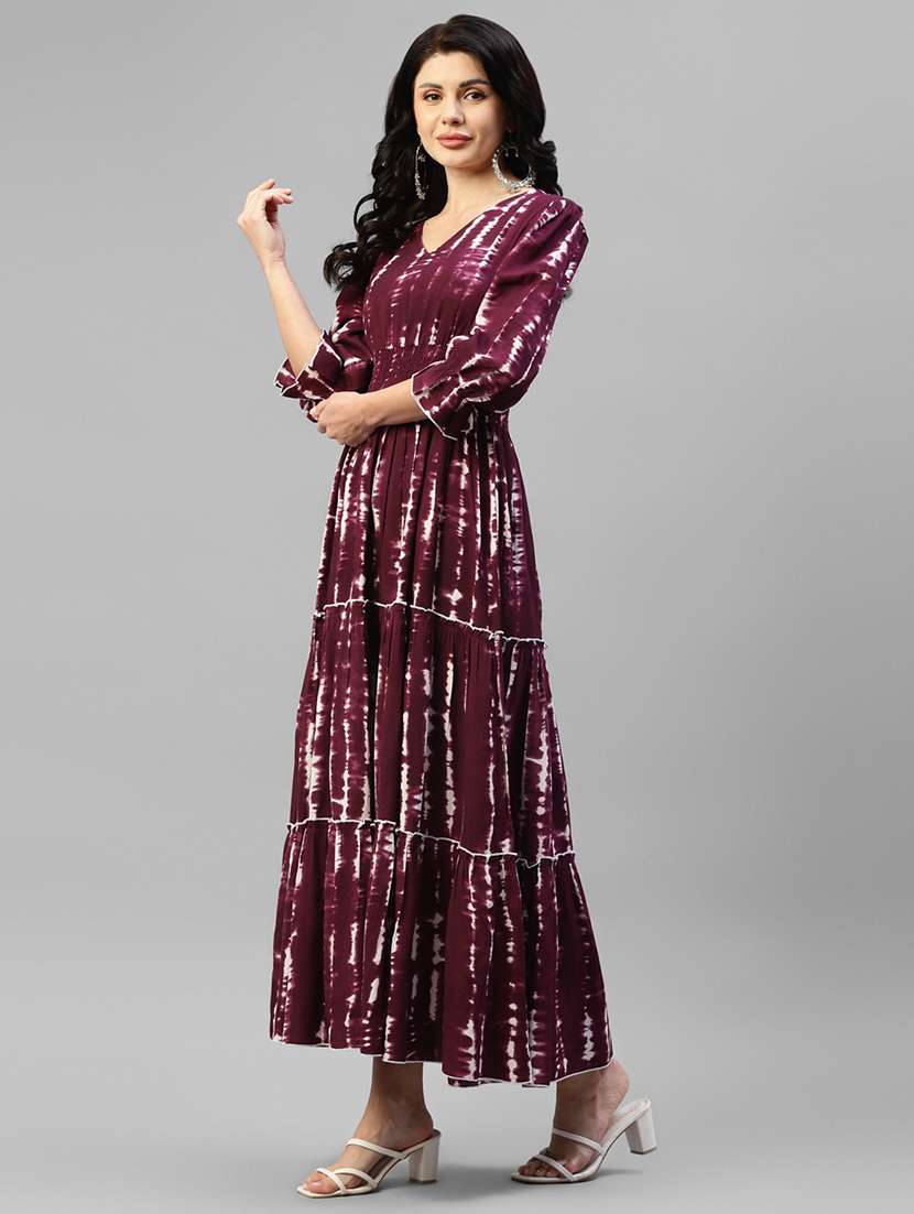 women printed puff sleeve tiered dress
