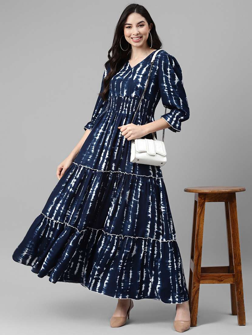 women printed puff sleeve tiered dress