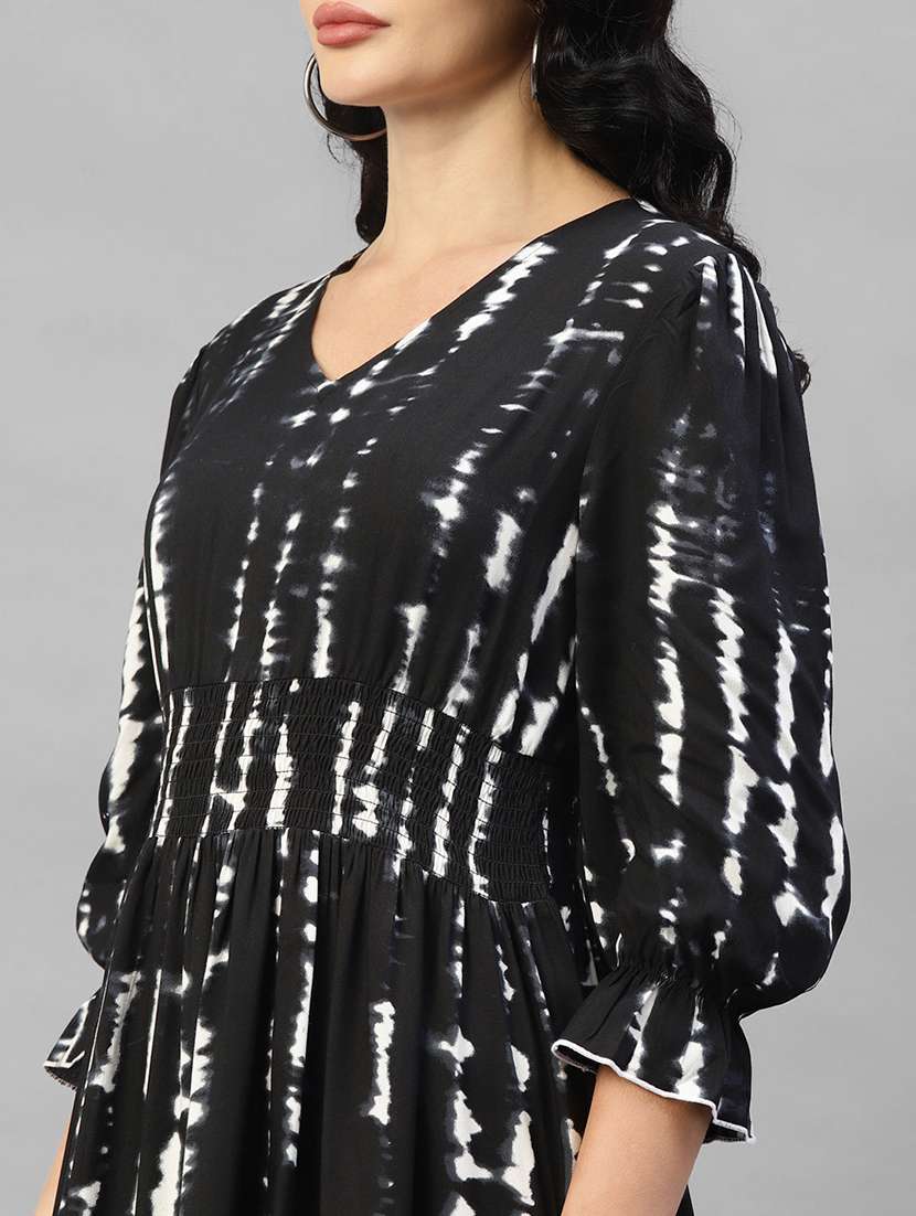 women tie & dye printed puff sleeve tiered dress - 22106185 -  Standard Image - 3