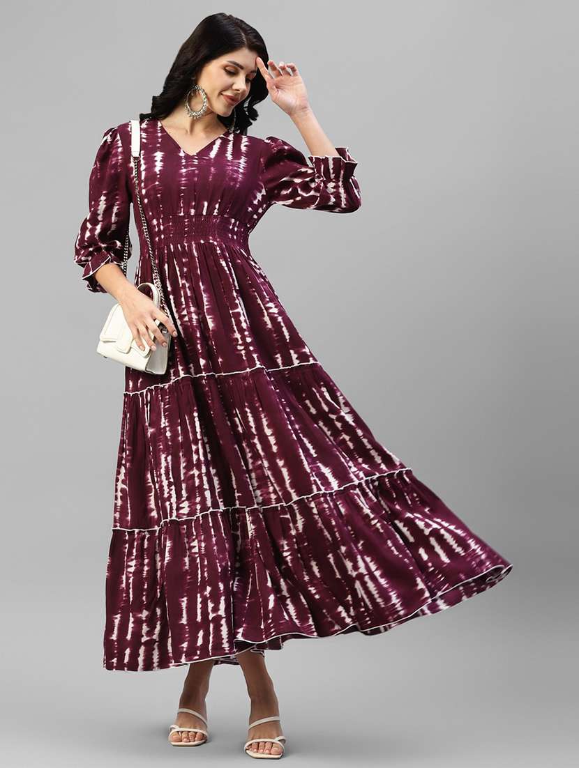 women tie & dye printed puff sleeve tiered dress