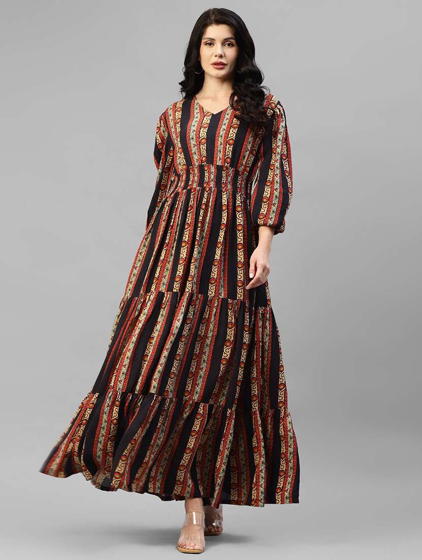 women printed puff sleeve tiered dress