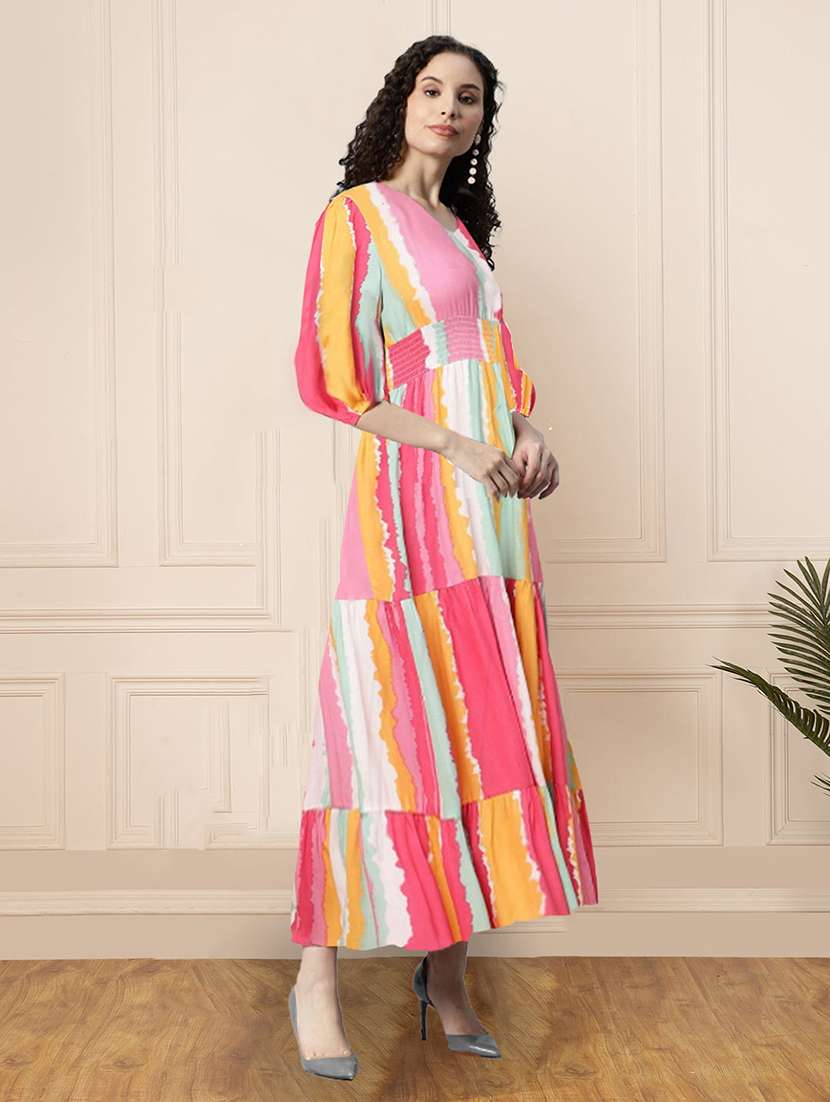 women printed puff sleeve tiered dress