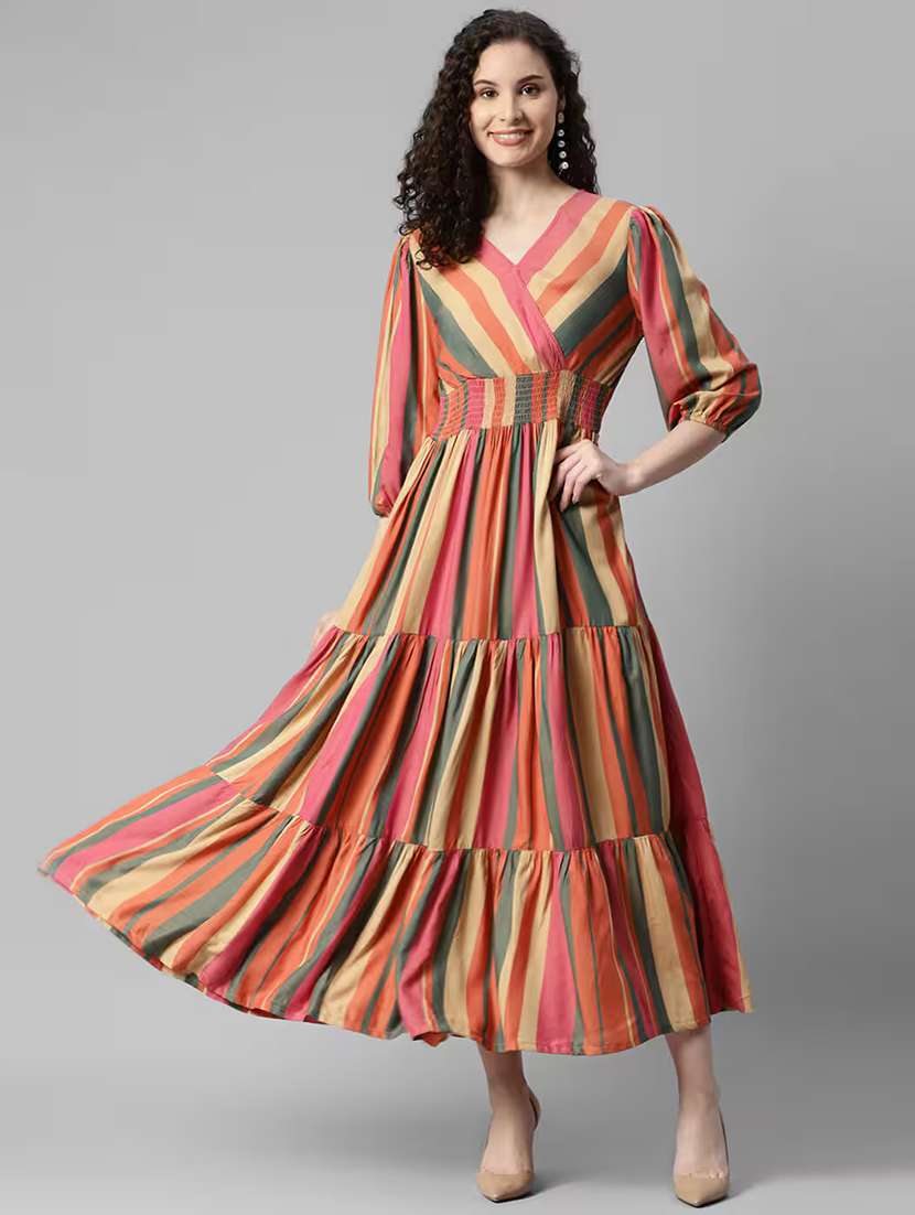 women striped puff sleeve tiered dress - 22106221 -  Zoom Image - 0