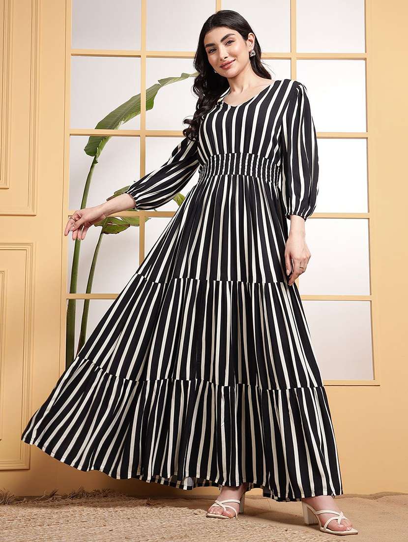 women striped puff sleeve tiered dress - 22106224 -  Zoom Image - 0