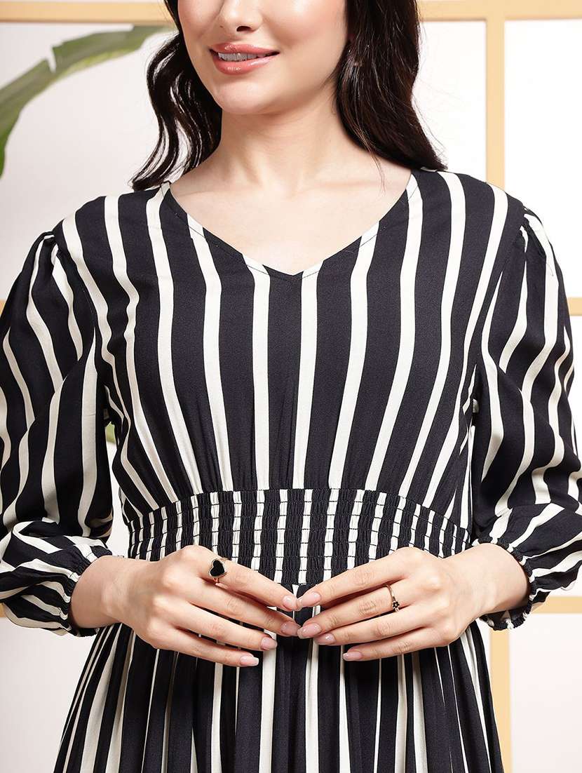 women striped puff sleeve tiered dress - 22106224 - Standard Image - 3