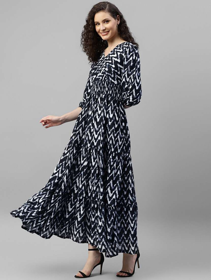 women printed puff sleeve tiered dress
