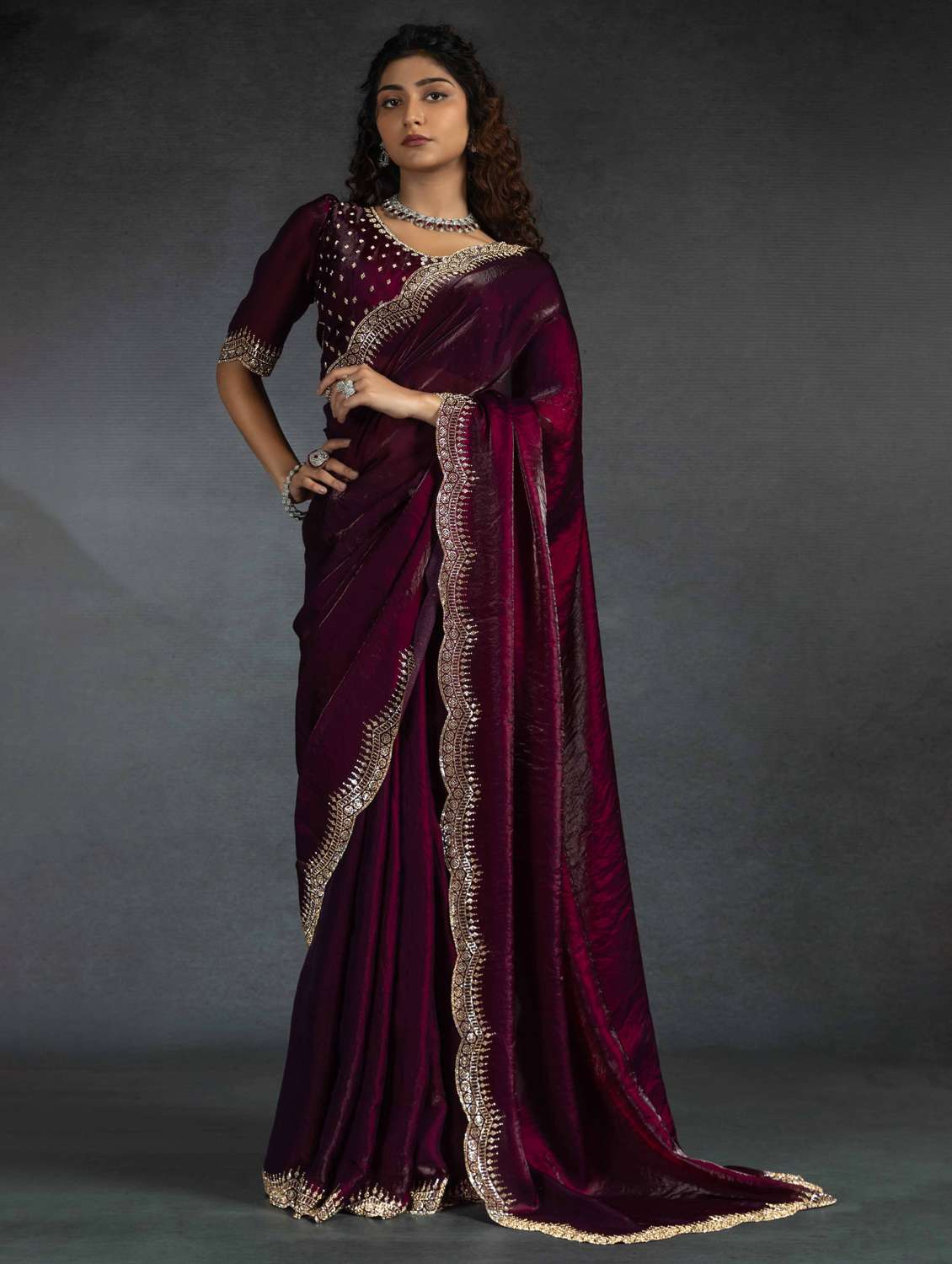 women solid with work embellished bordered saree with blouse - 22106266 -  Zoom Image - 0