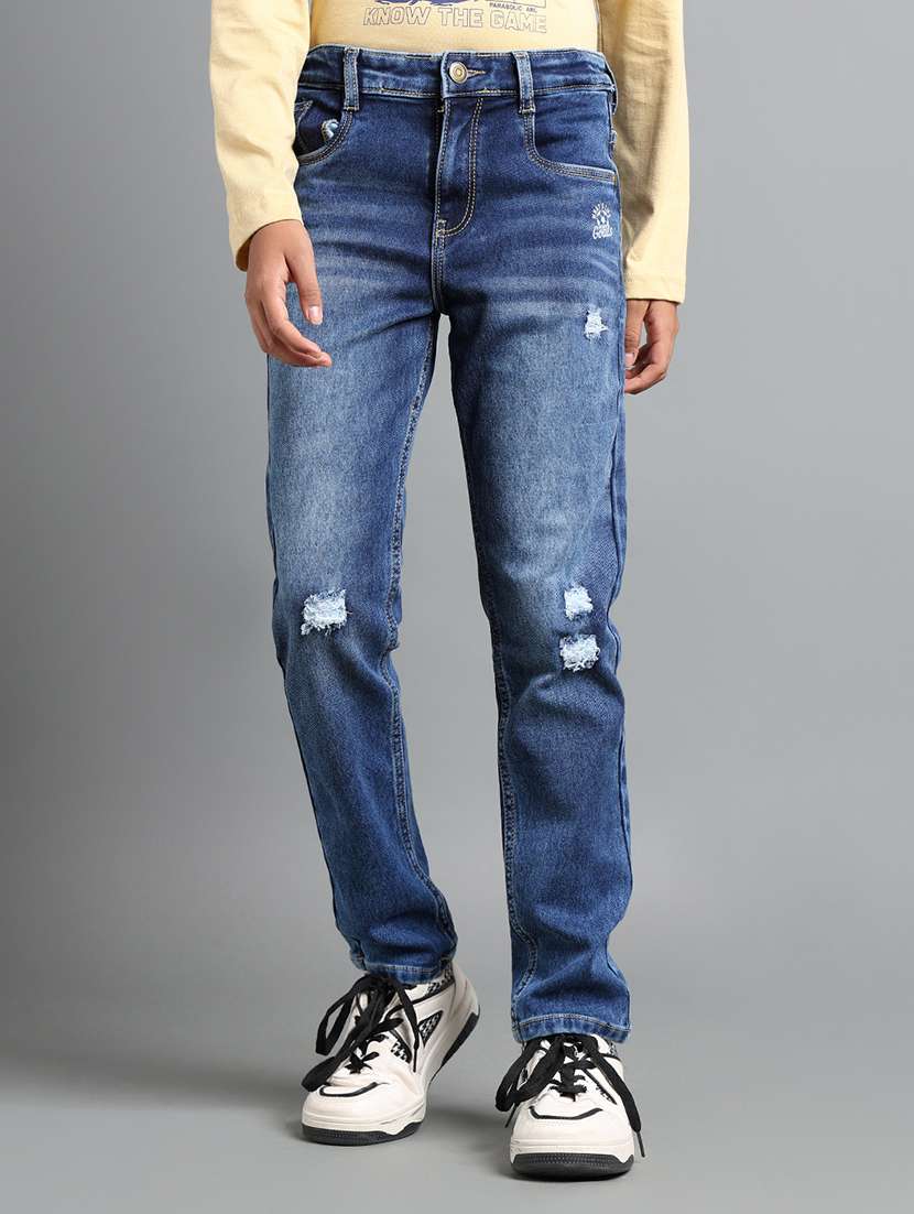 boys solid distressed slim fit jeans