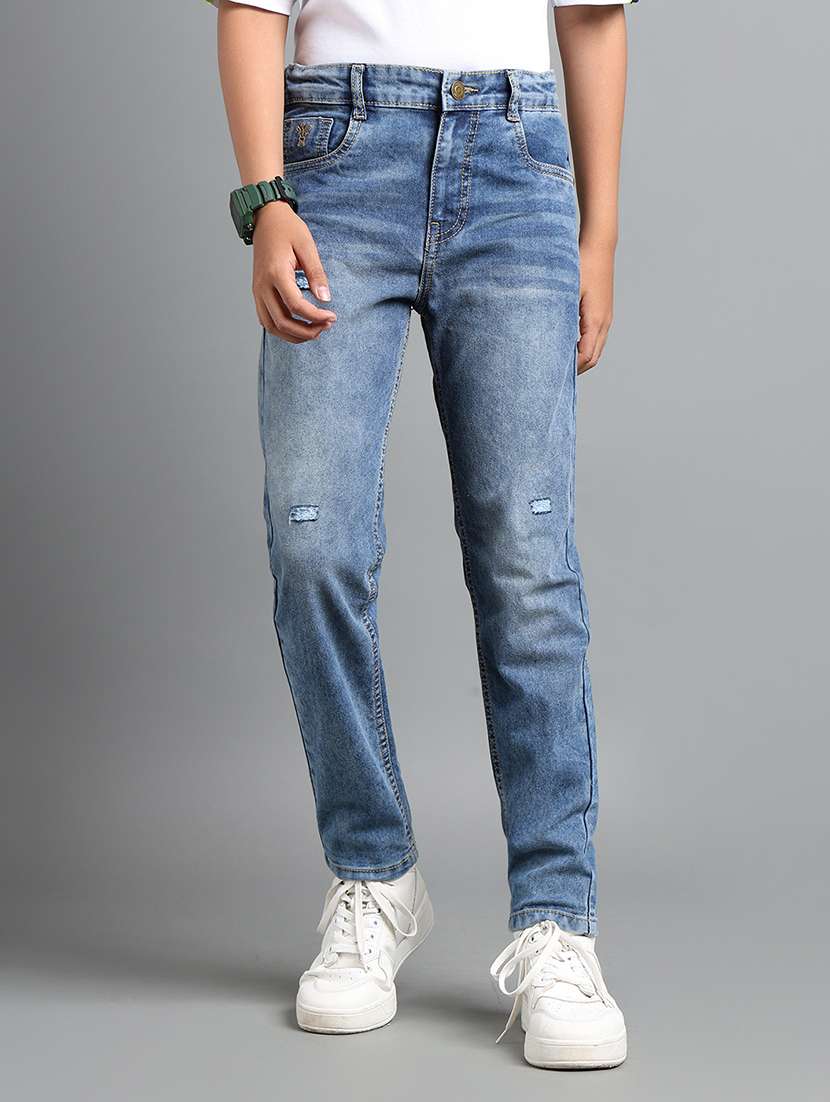 boys solid distressed slim fit jeans