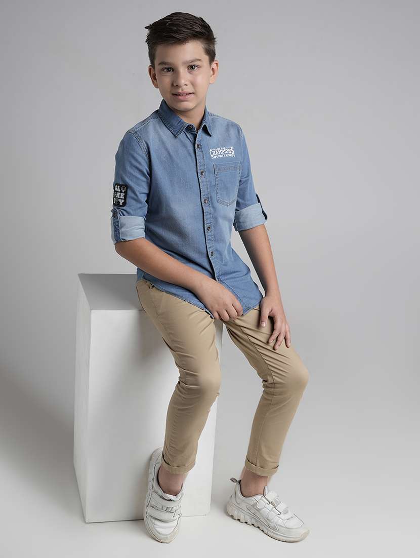 boys solid long sleeve collared denim shirt - 22106320 -  Standard Image - 3