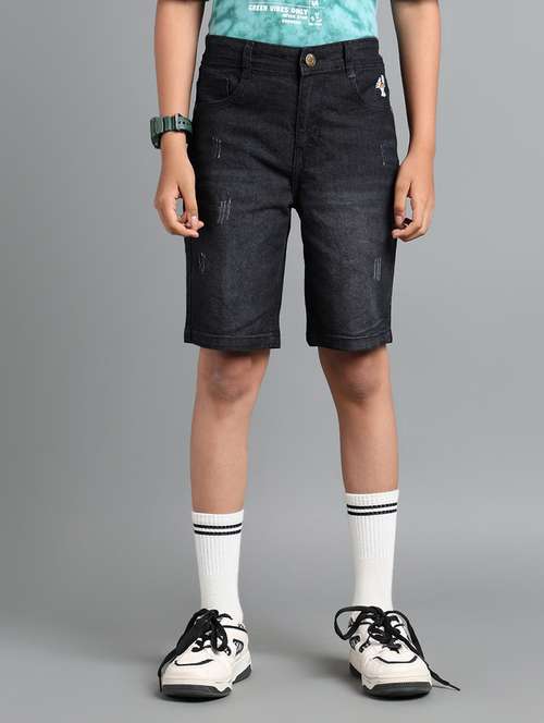boys solid mid rise denim shorts - 22106346 - Standard Image - 0